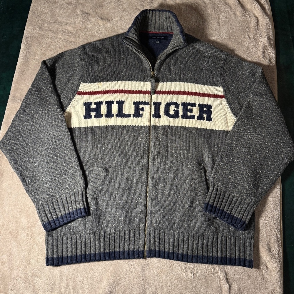 1990s Tommy Hilfiger Block Lettering Gray Zip-Up Cardigan Sweater Cotton Wool